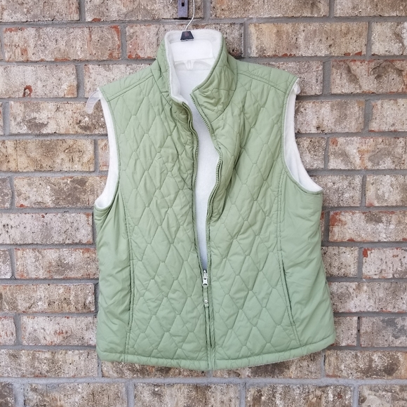 Free Country Womens Medium Green Quilted/White Faux Fur Reversible Vest - Picture 4 of 9